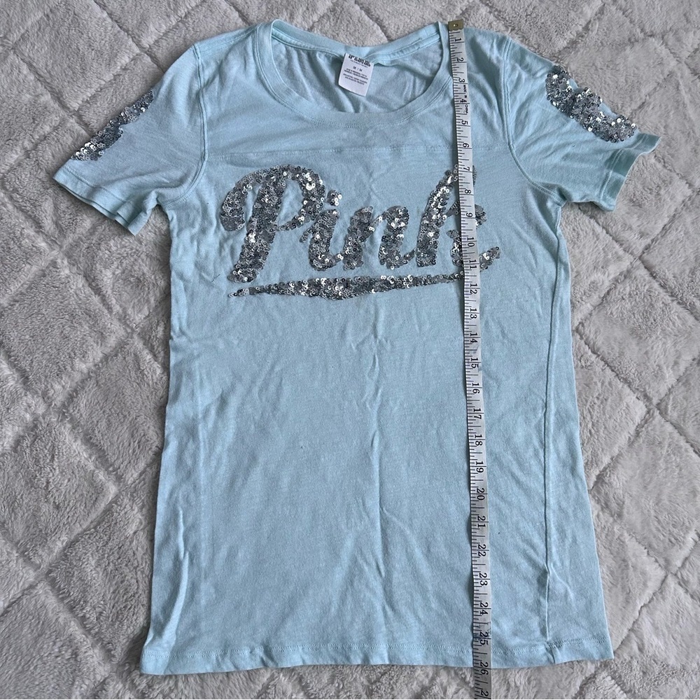 PINK Victoria's Secret Sequin Logo Light Blue Short Sleeve Tee